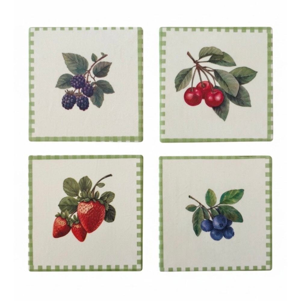 Ceramic Tile Coasters Set of 4 | Garden Fruit Cottagecore Kitchen Decor Gift - Picture 2 of 4